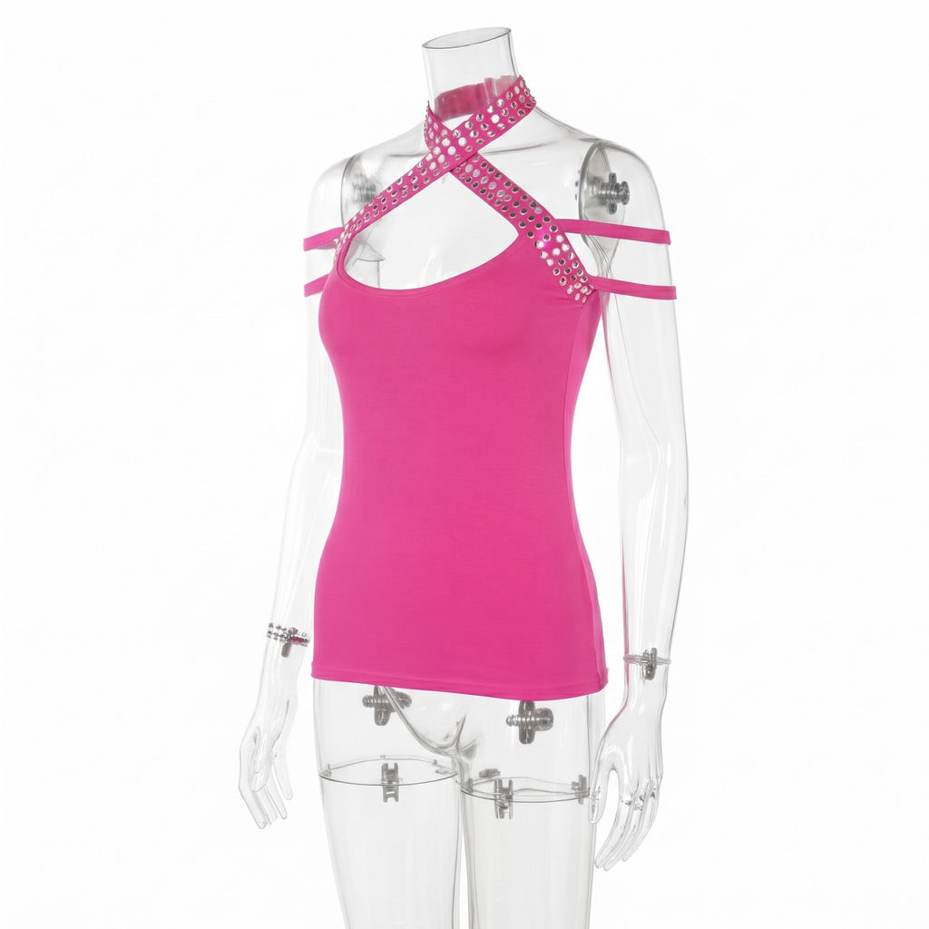 Small Y2K Studded Halter Scoop long Tank Top