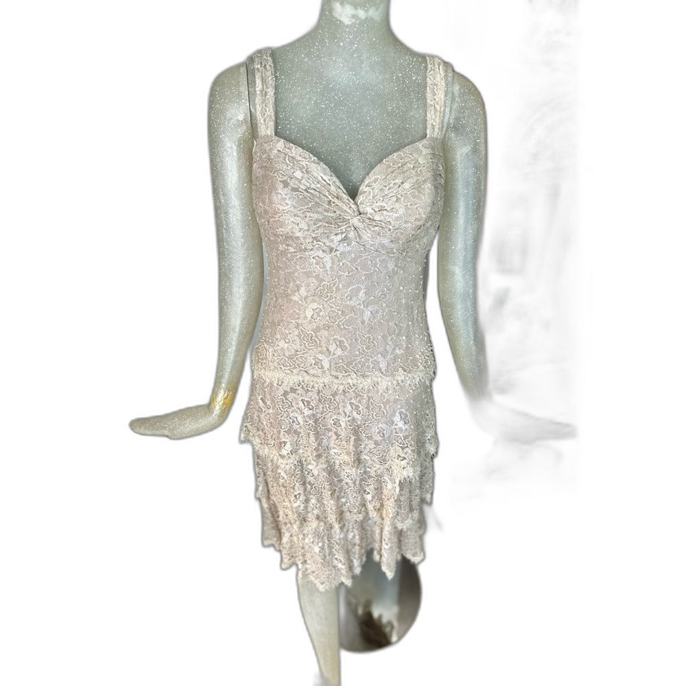 Tadashi Shoji cream floral lace tiered midi dress, size 8 - view 1