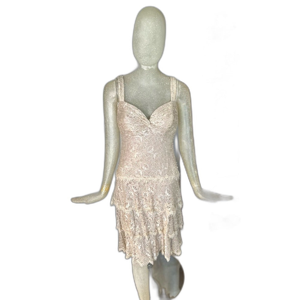 Tadashi Shoji cream floral lace tiered midi dress, size 8 - view 2