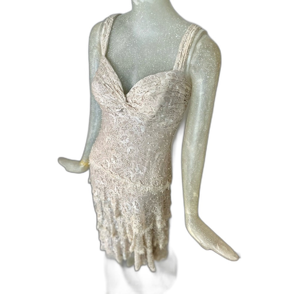 Tadashi Shoji cream floral lace tiered midi dress, size 8 - view 3