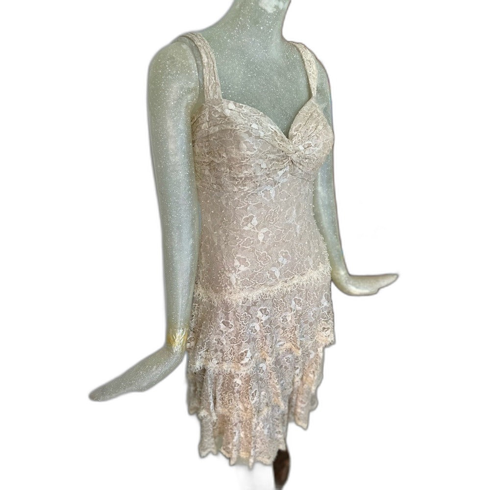 Tadashi Shoji cream floral lace tiered midi dress, size 8 - view 4