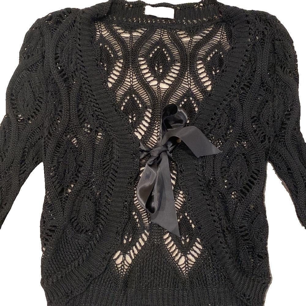 Le Chat Paris black open knit cardigan with satin bow - view 10