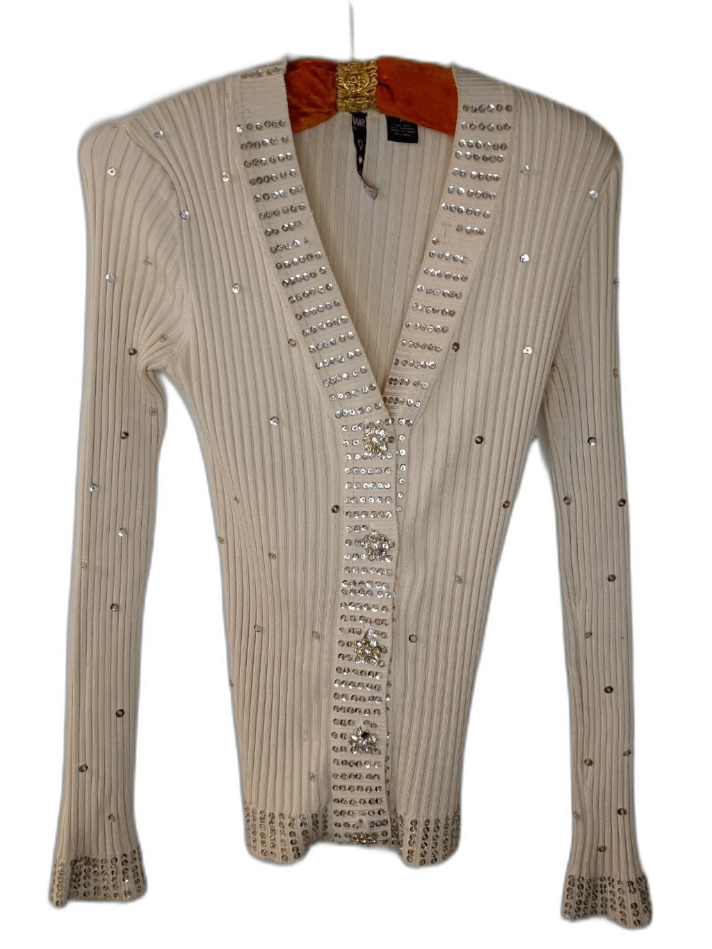 WR 9000 cream cardigan sweater with rhinestone buttons and sequins, size M - view 11