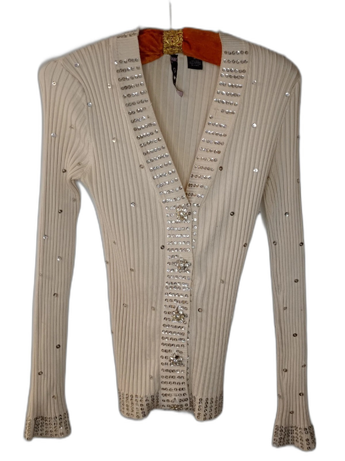 WR 9000 cream cardigan sweater with rhinestone buttons and sequins, size M - view 11