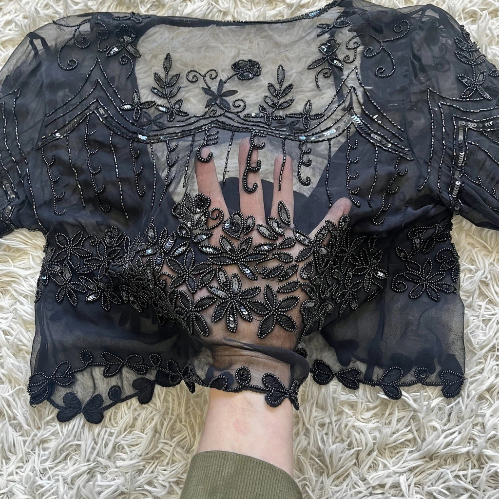 Vintage Y2K beaded sheer embroidered shrug top - back bodice close-up