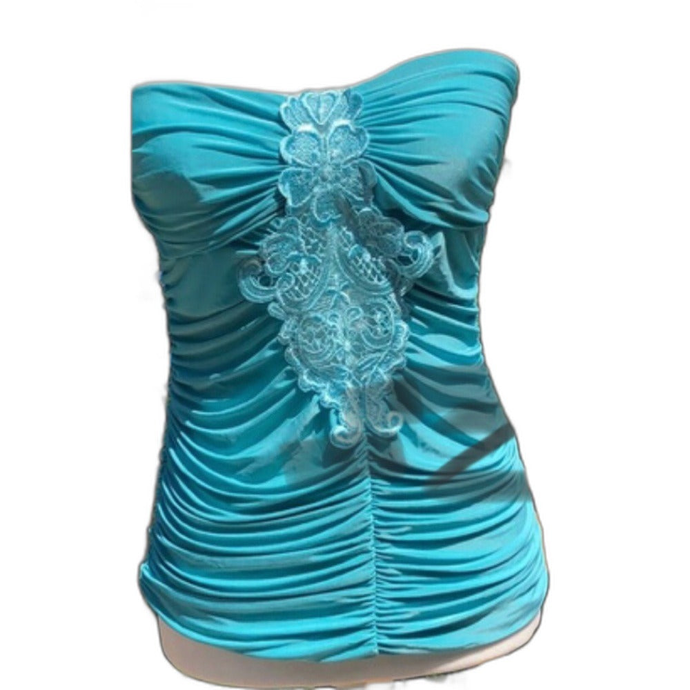Charlotte Russe teal strapless ruched top with lace applique - front