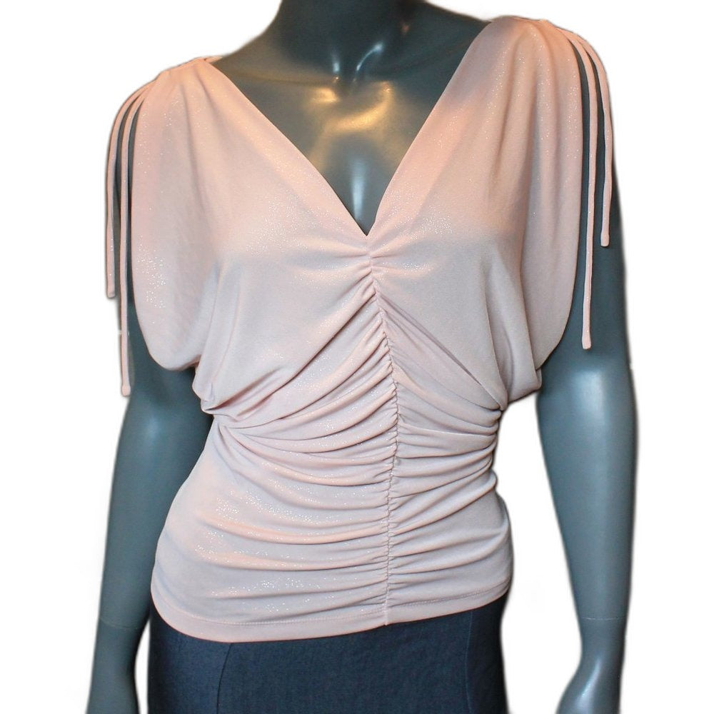 Express pink ruched sparkle top with shoulder ties - front