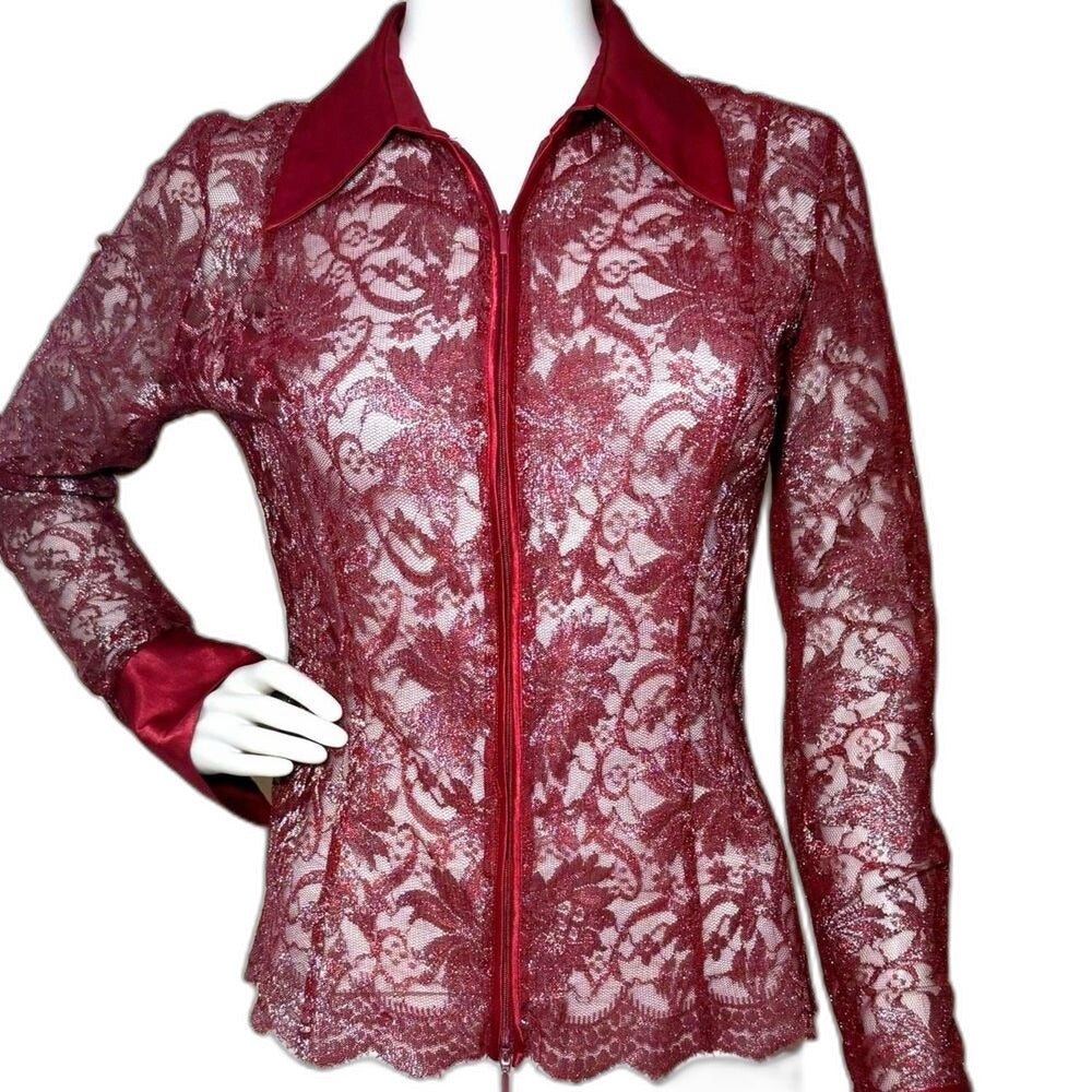 Cache vintage burgundy sheer floral lace blouse - front