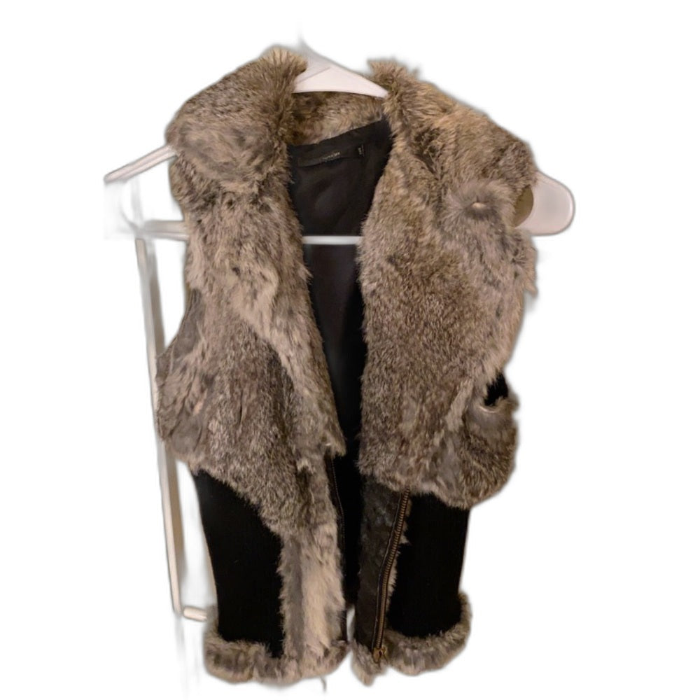 Angora fur fitted vest in grey and black - front