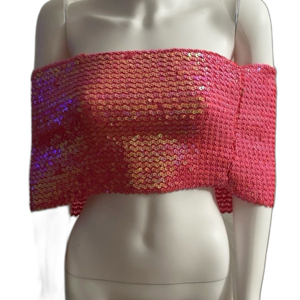 Pink sequin off-shoulder crop top on mannequin - front