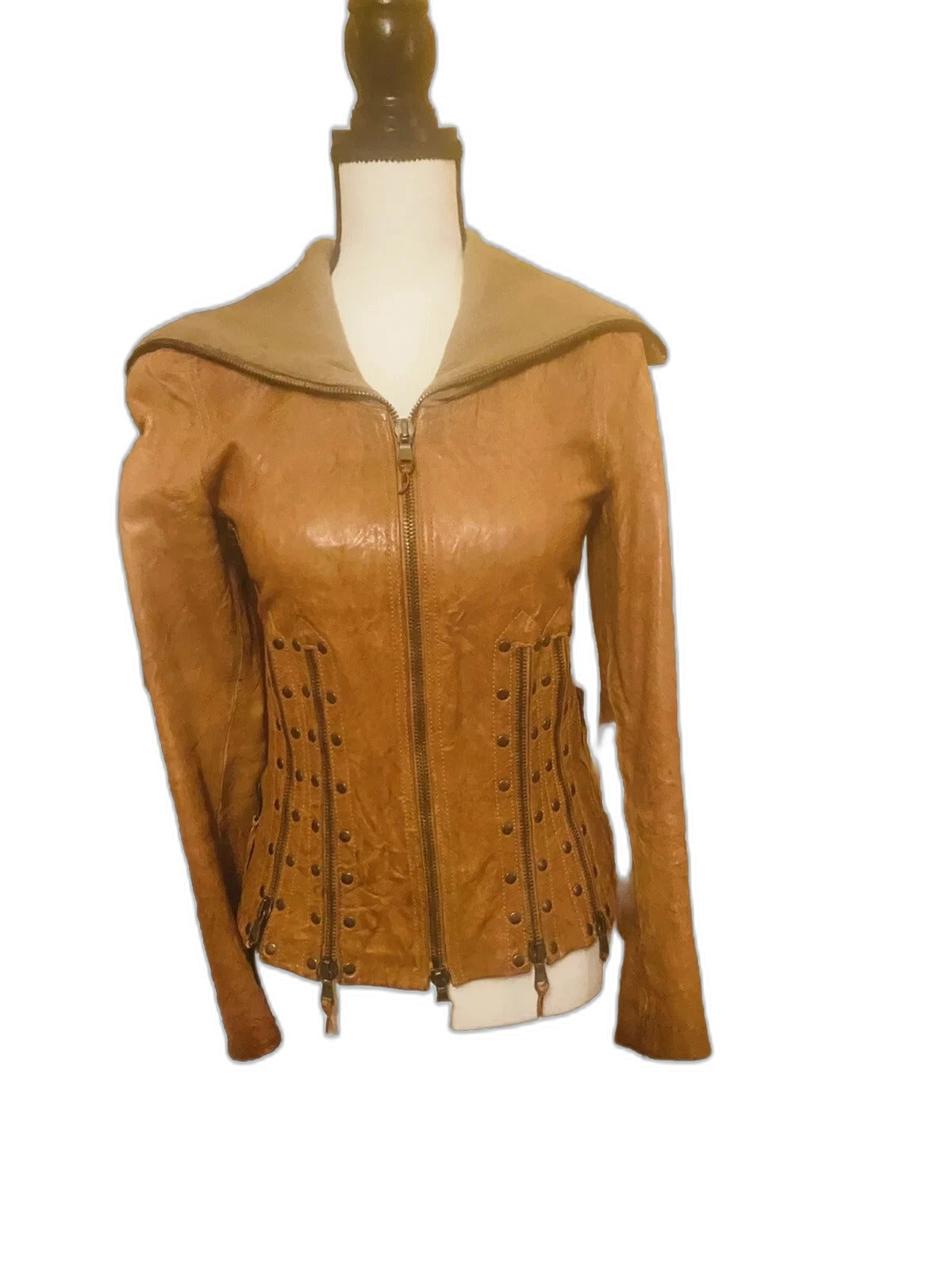 Benbdetta Novis Italian distressed leather biker jacket in mustard - front