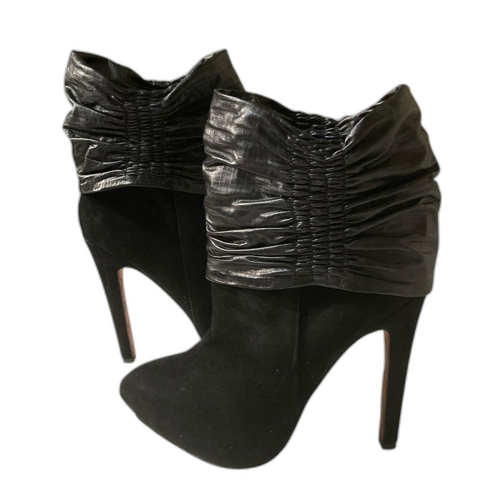 L.A.M.B. by Gwen Stefani black suede leather heeled ankle boots - front