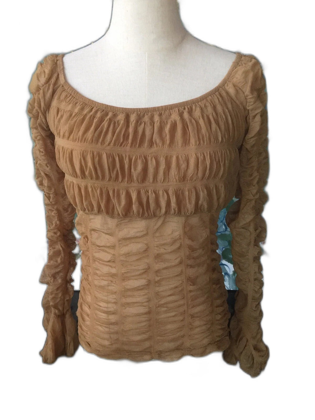 Luxx sheer ruched net top in tan - front on mannequin
