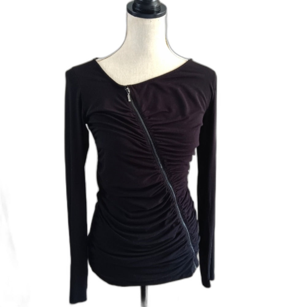 Calvin Klein black zip-front pleated top - front