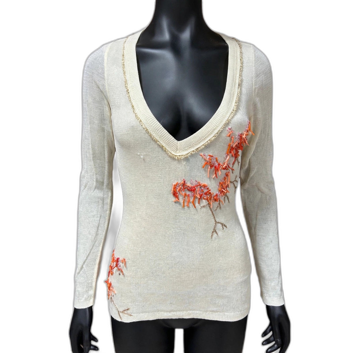 Roberto Cavalli ivory embellished top on black mannequin