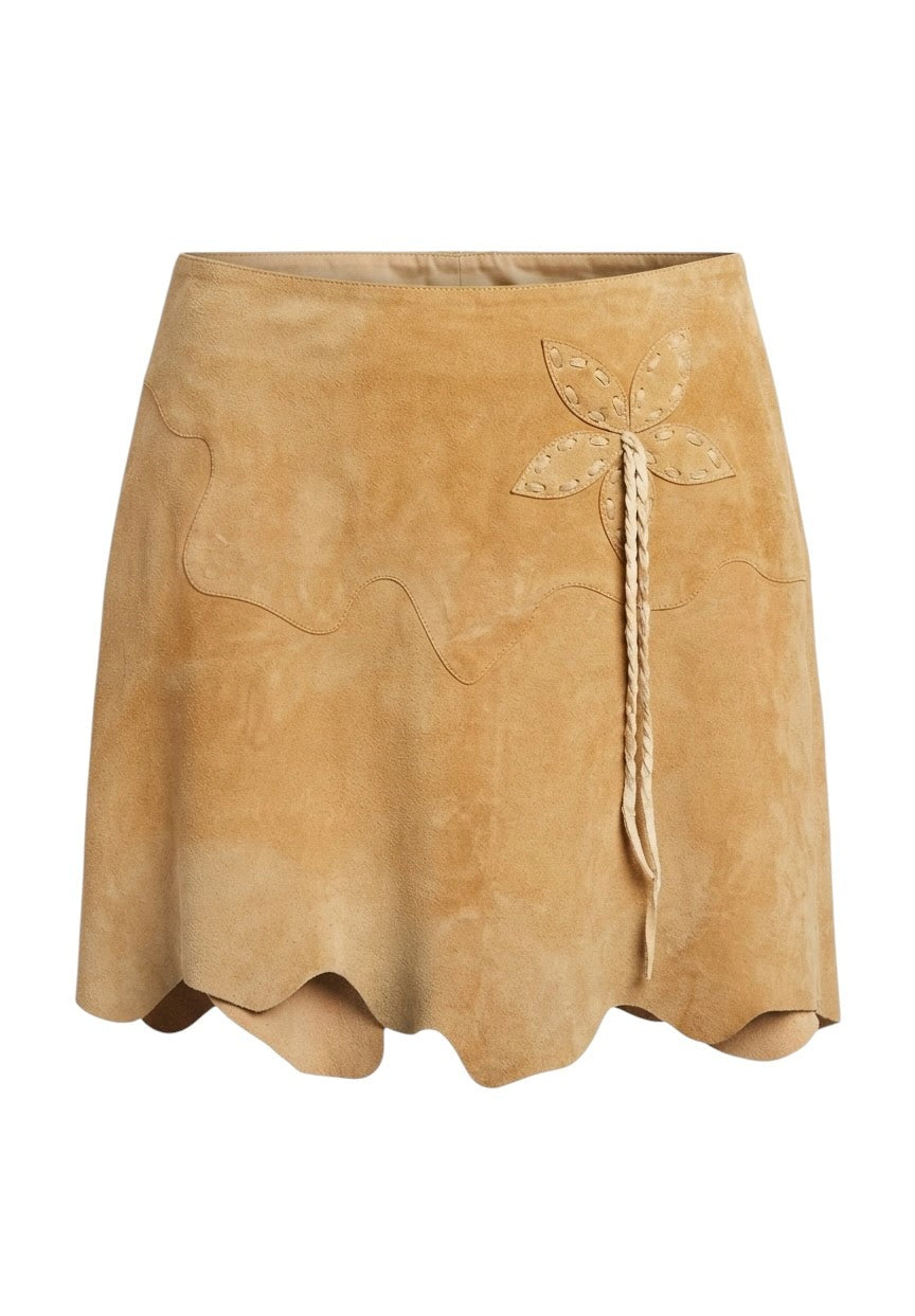 Vakko Tan Suede Mini Skirt with Embroidered Floral Design - Women's Size 8