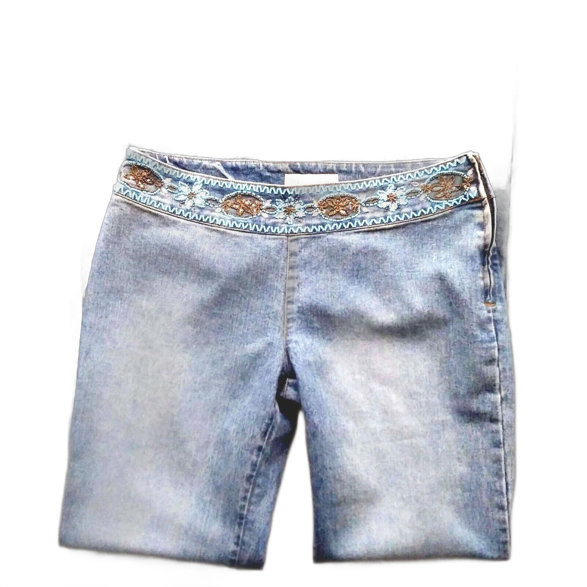 Vera Cristina vintage beaded waistband straight leg jeans in faded medium wash - front, folded