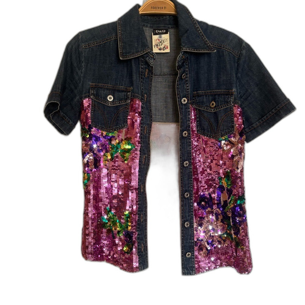 Dolce & Gabbana blue denim short-sleeve jacket with pink floral sequin panels - view 1