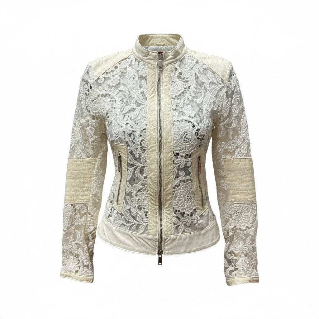 Italian Leather Lace Zip Cropped Jacket - Size 4-6
