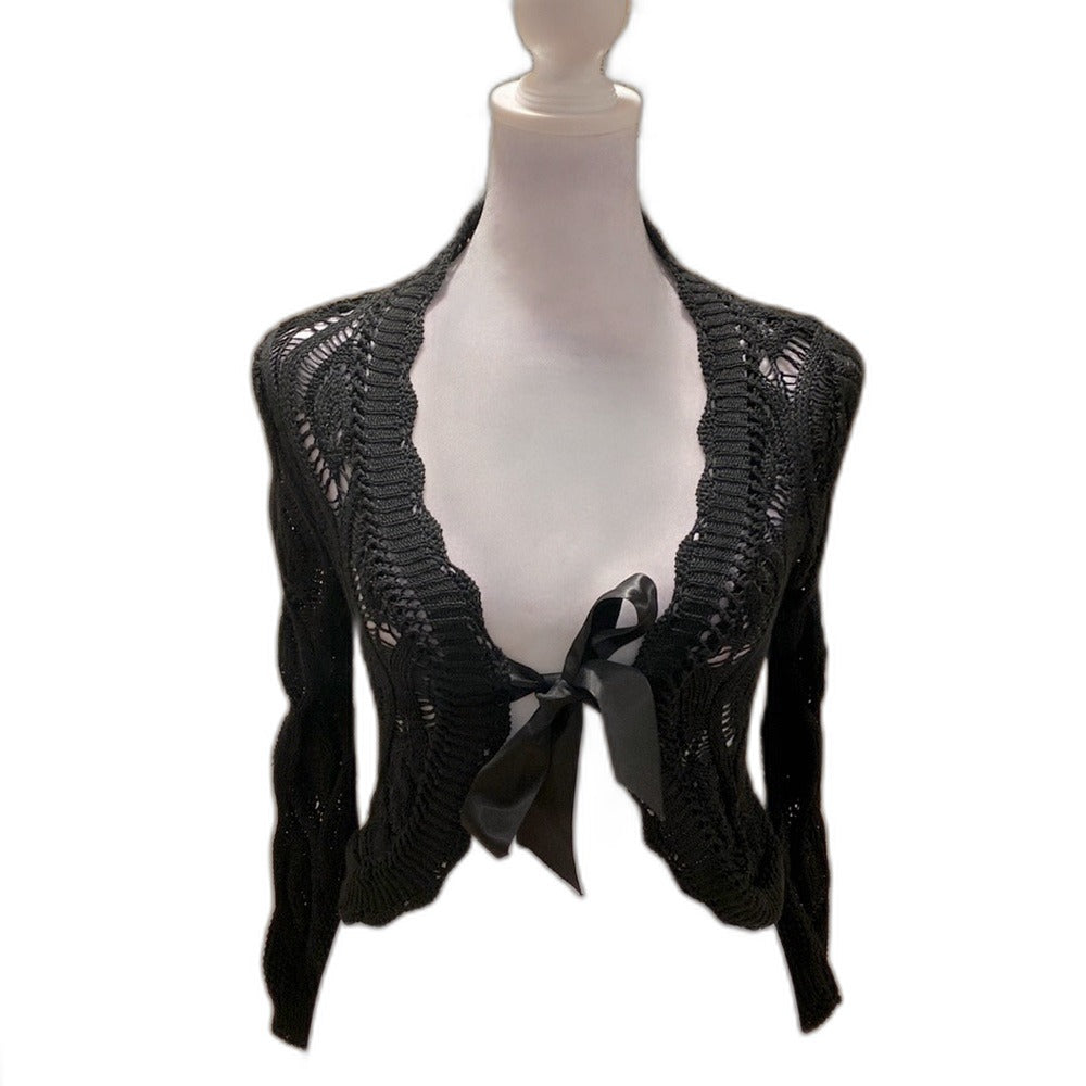 Le Chat Paris black open knit cardigan with satin bow - front