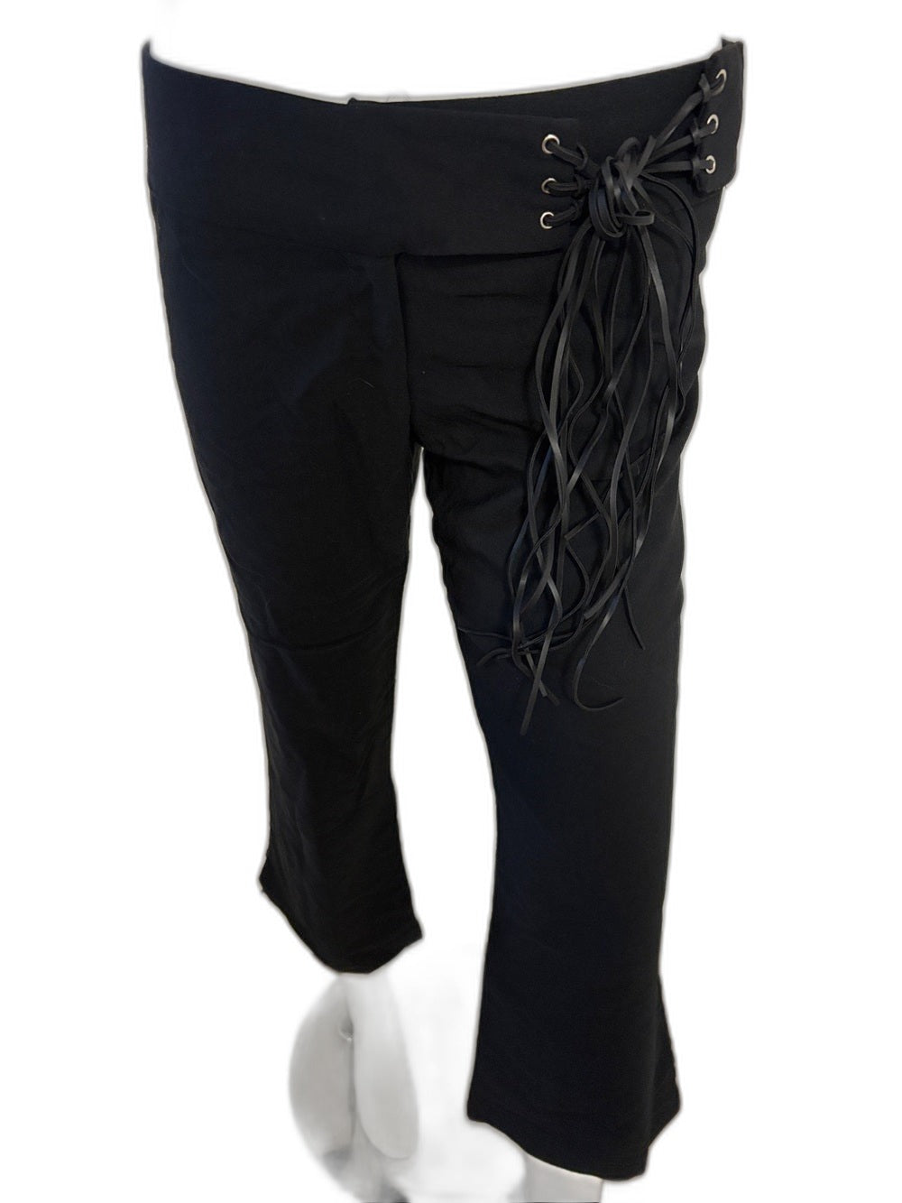 Y2K vintage Eye Candy black low-rise capri pants with lace-up fringe belt - front