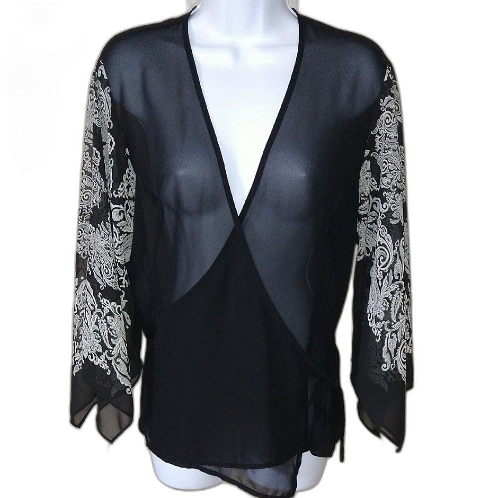 New York & Company black sheer kimono blouse with white detailing - front on mannequin
