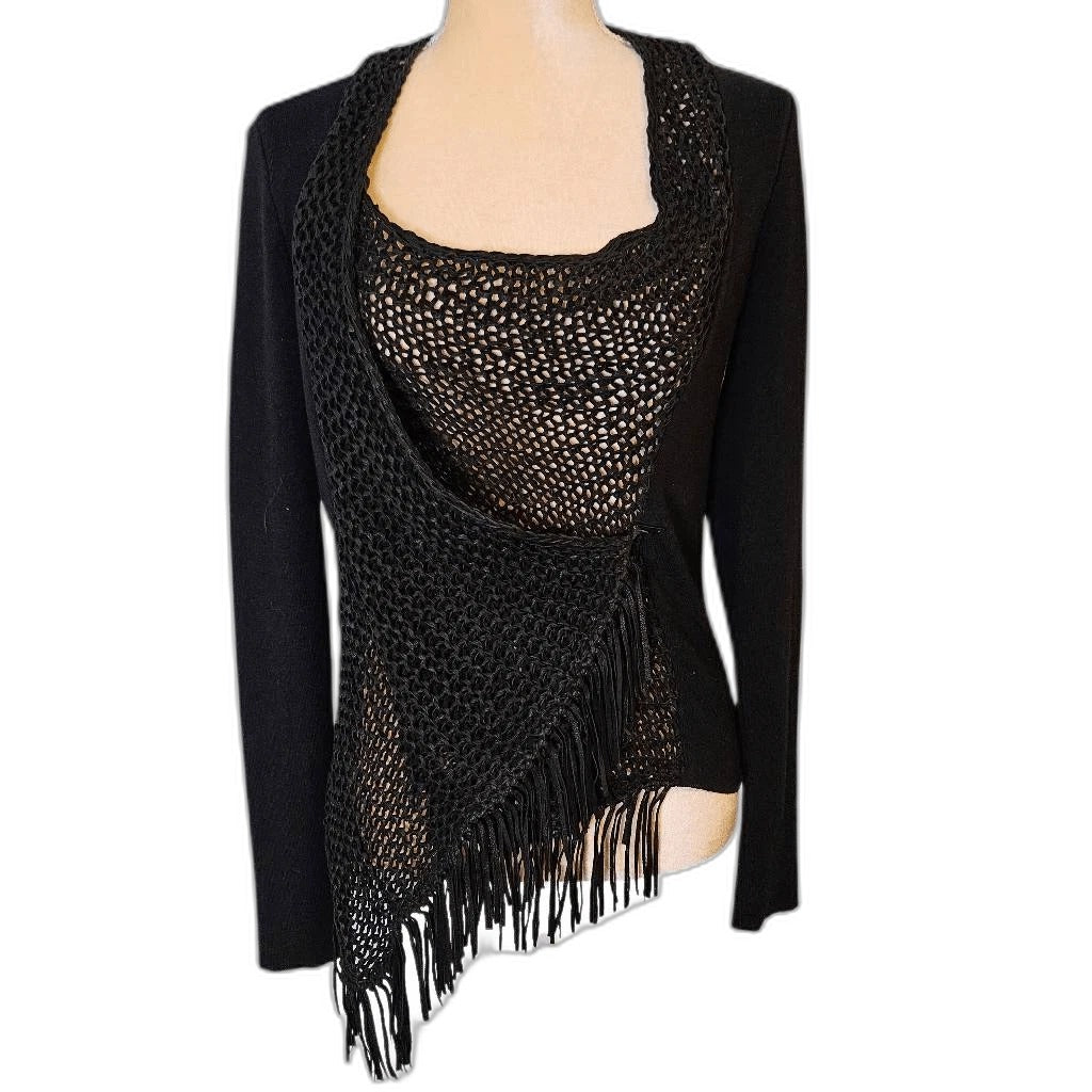 Elie Tahari black woven leather wrap sweater - front on mannequin