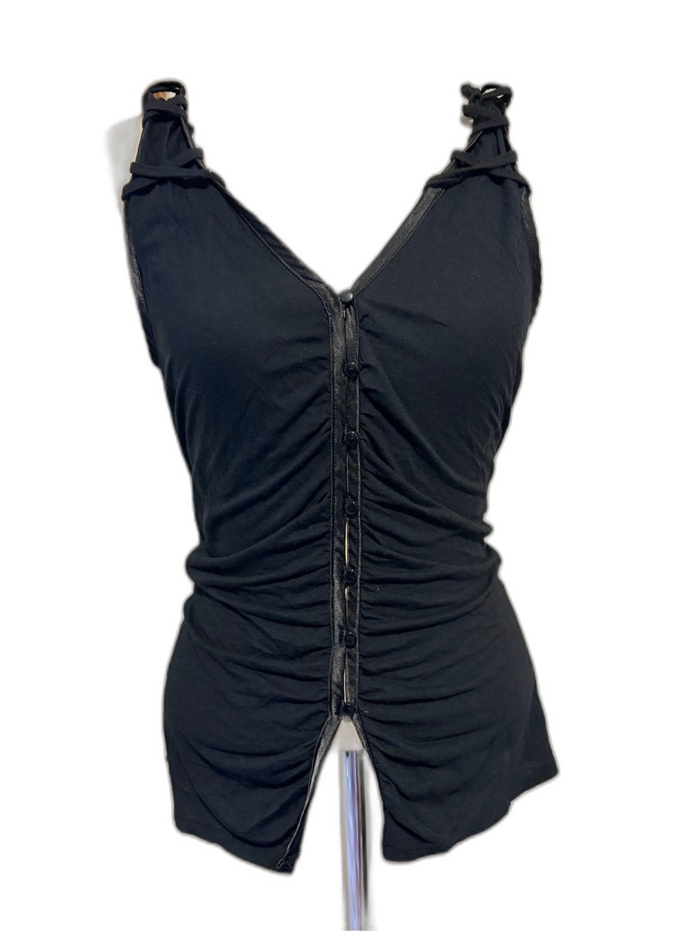 Old Navy vintage black button-down tank top with satin trim - front