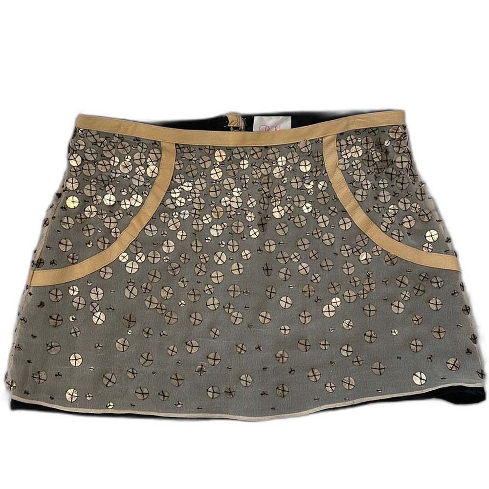 Parker sequin and leather mini skirt, gold/cream, size 2 - front view