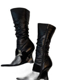 Bianco Bucci black mid-calf heeled boots with crystal bow - front