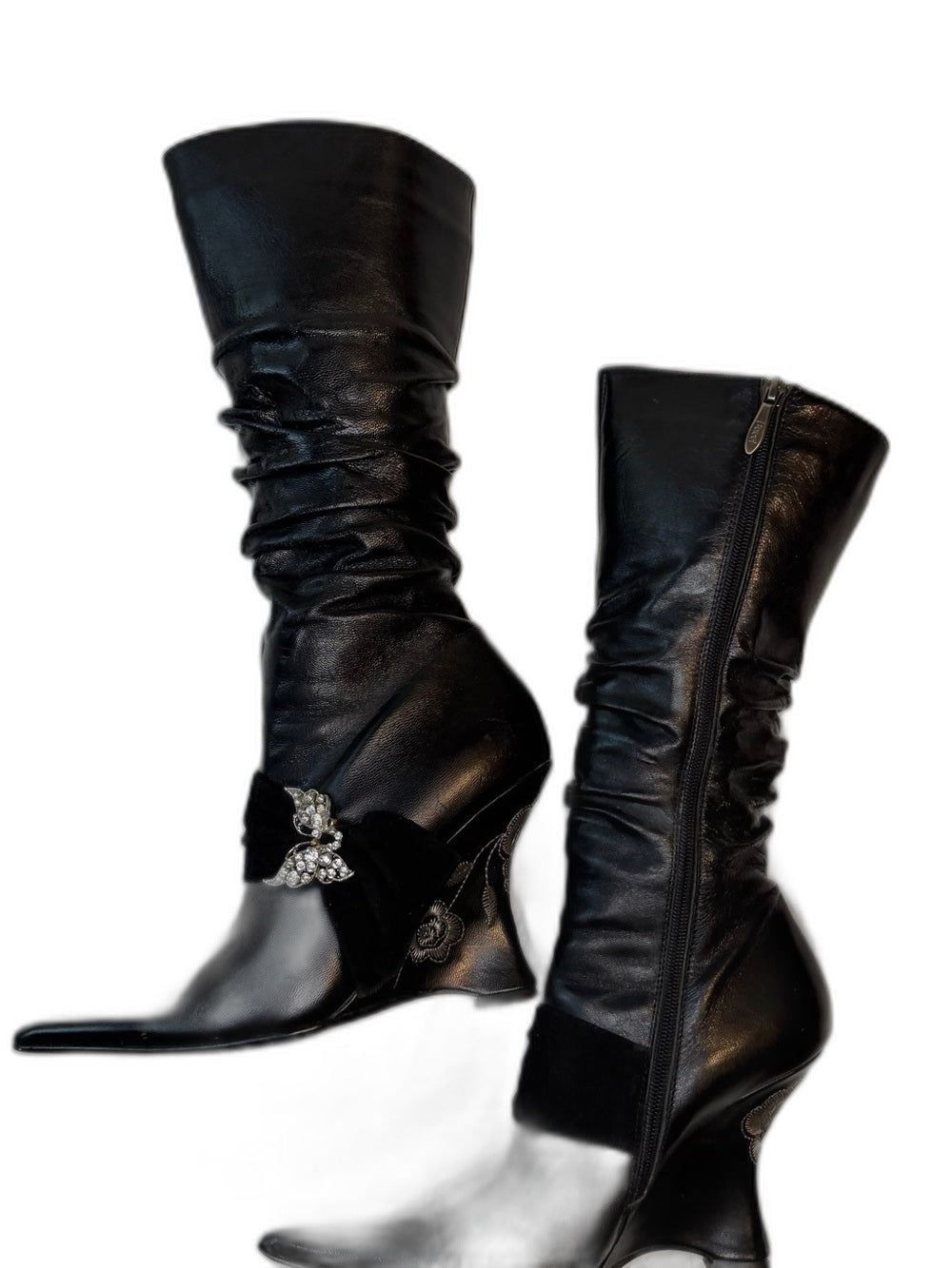 Bianco Bucci black mid-calf heeled boots with crystal bow - front