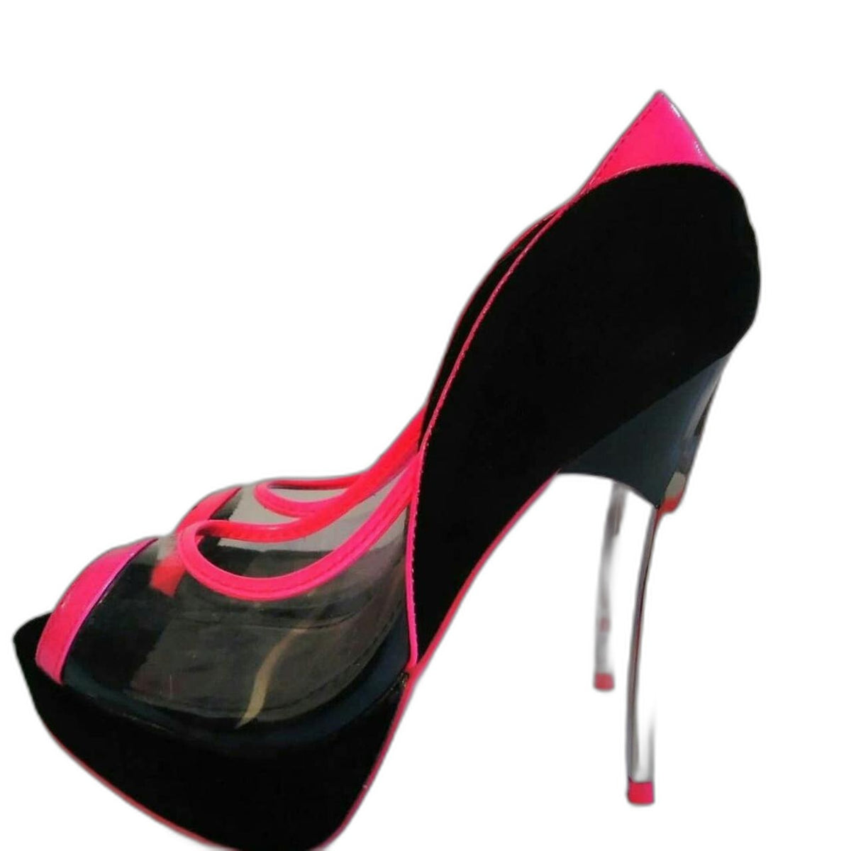 Liliana UV reactive neon pink and black heels - side view