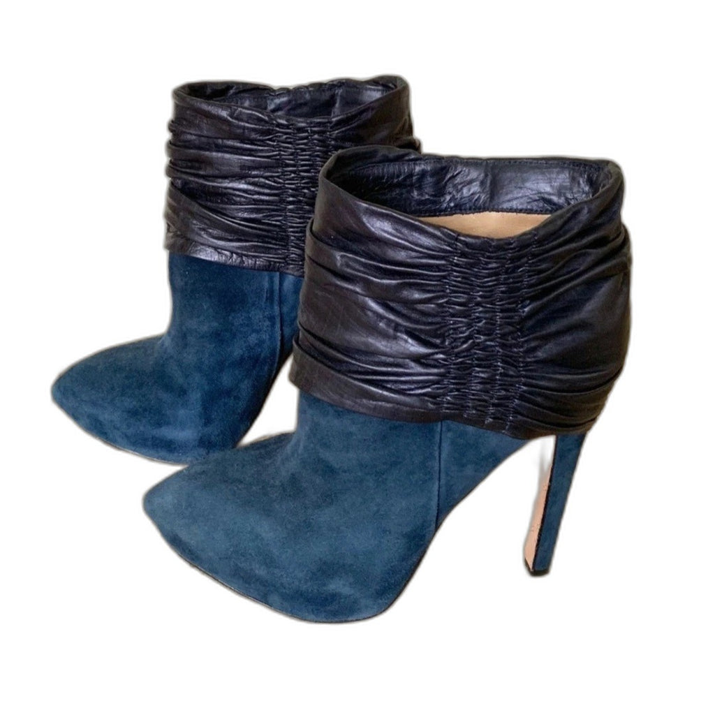 L.A.M.B. by Gwen Stefani blue suede and black leather stiletto ankle booties - worn