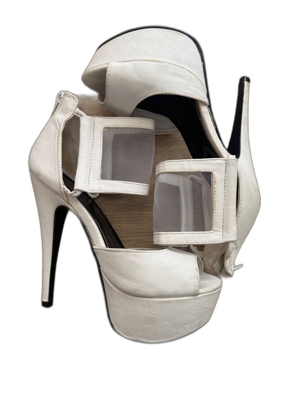 Charlotte Russe white platform peep-toe heels with mesh strap - front