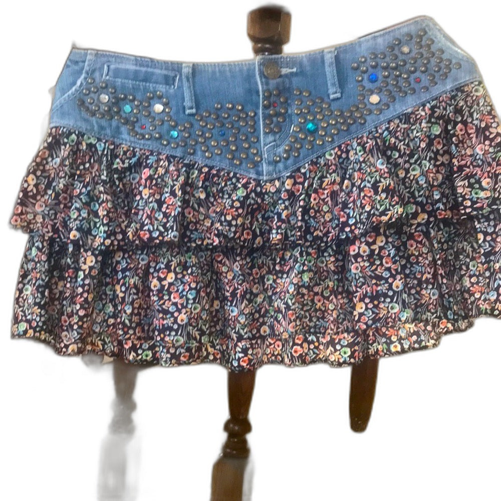 Express ruffle miniskirt in navy floral with denim yoke - front