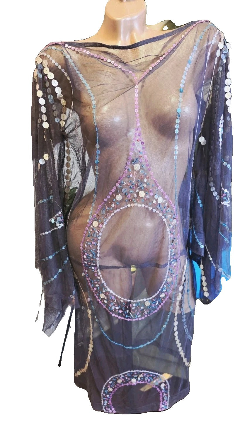 Antik Batik black sheer mesh sequin beaded dress - front