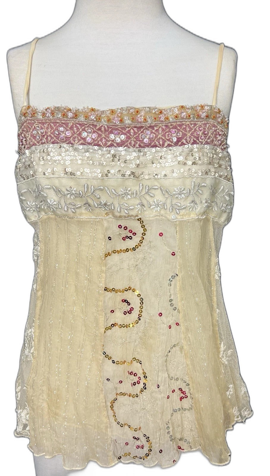 Hale Bob beaded silk blend mesh overlay top in beige - front