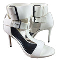 AAJ by Aminah Zahra white double buckle T-strap stiletto sandals - front