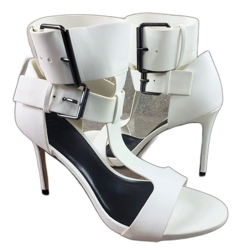 AAJ by Aminah Zahra white double buckle T-strap stiletto sandals - front