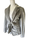 White House Black Market gray velvet tie-belt blazer jacket - front on dress form
