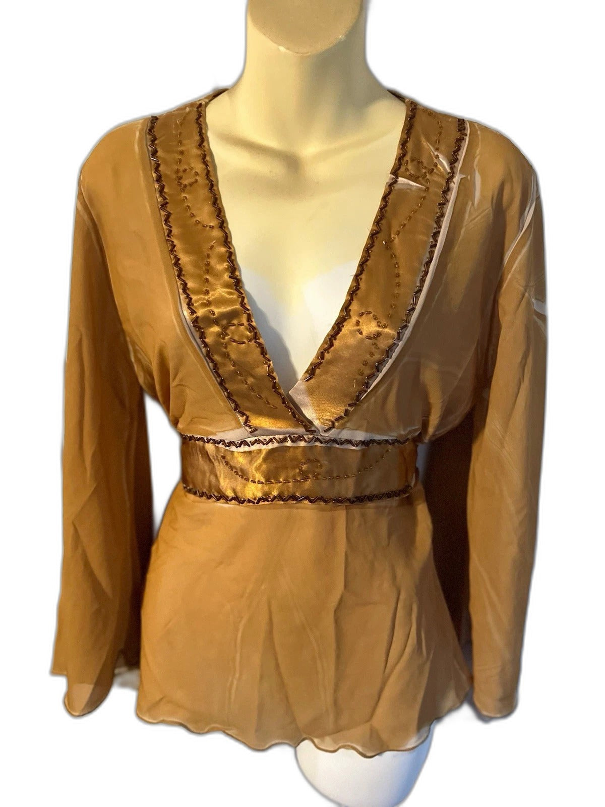 Gold satin wrap blouse with tie waist - front