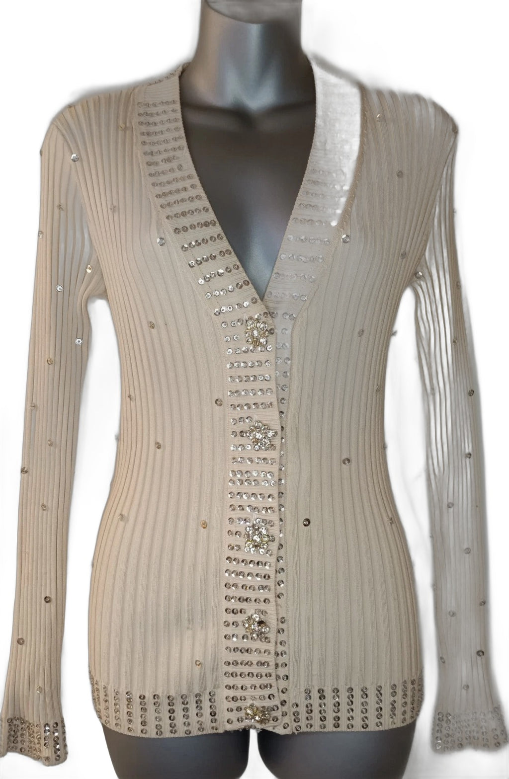 WR 9000 cream cardigan sweater with rhinestone buttons and sequins, size M - front