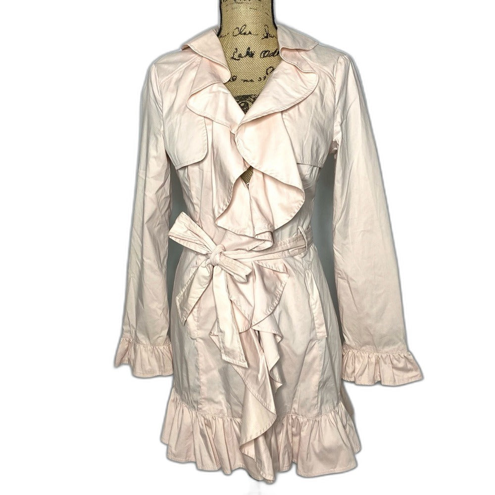 bebe pink ruffle belted duster jacket - front on dress form
