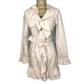 bebe pink ruffle belted duster jacket - front on dress form