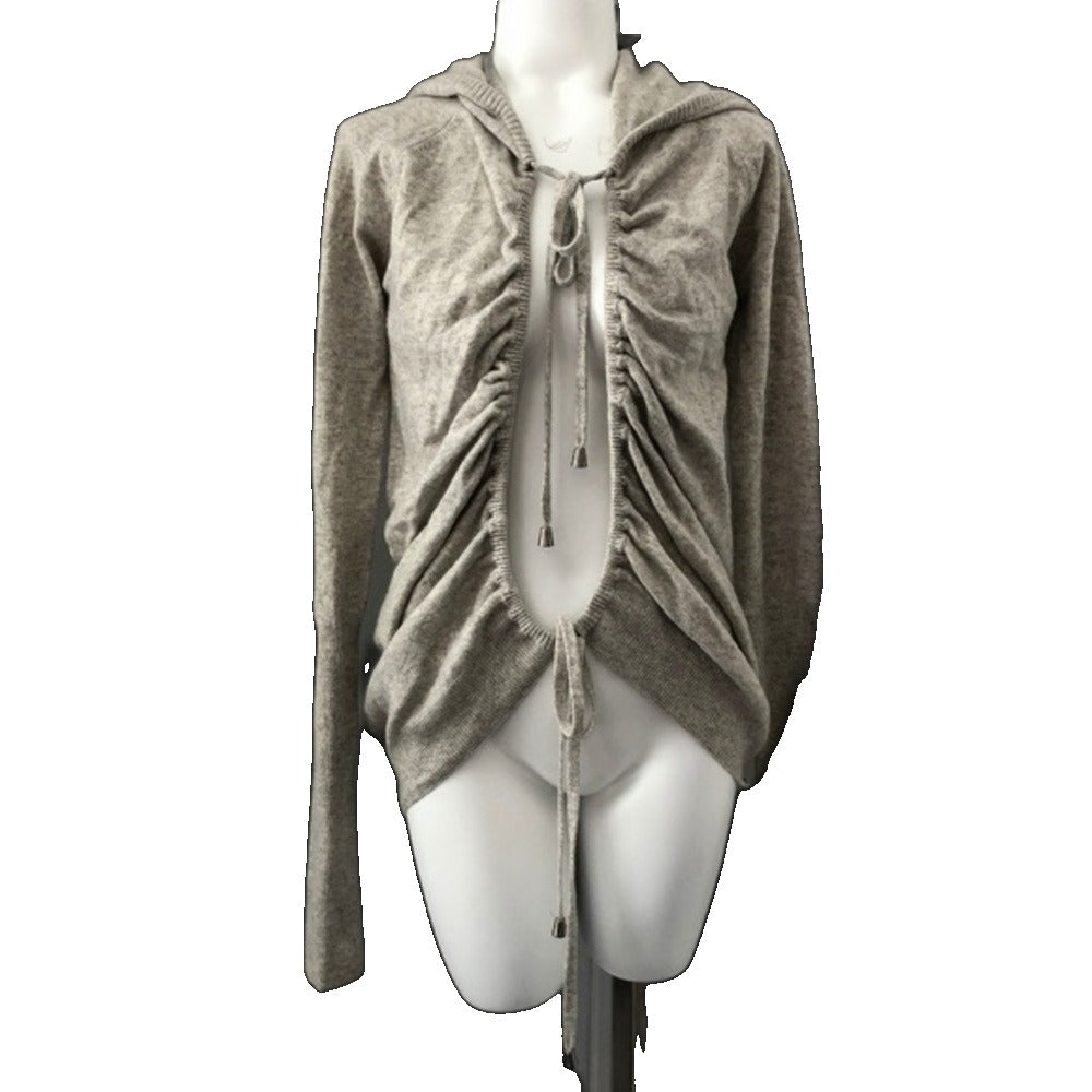 Thomas Wylde gray cashmere hooded sweater on mannequin - front with ruched tie detail