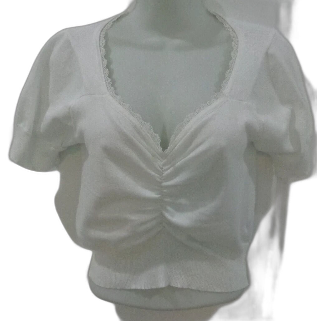 SheIn white knit crop top with lace trim and ruched front - front