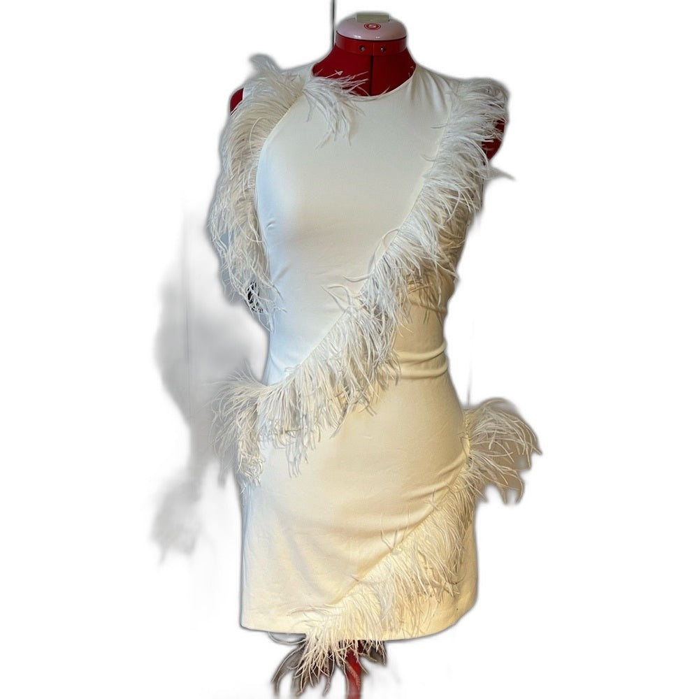 Hutch Pandy feather mini dress in white - front