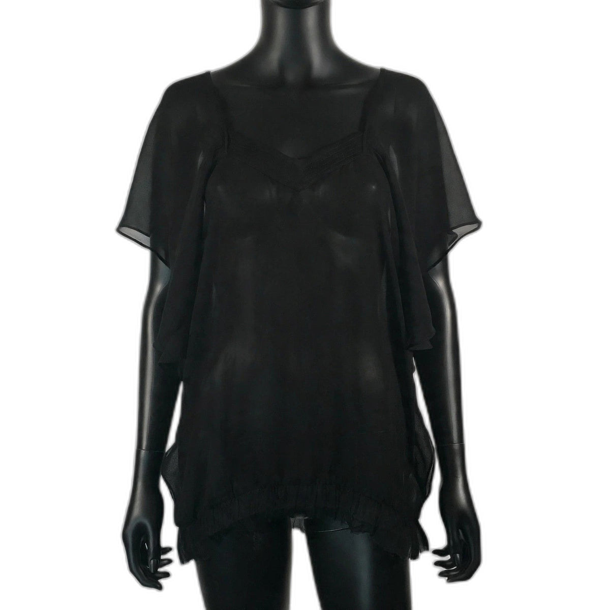 Natasha Gan black sheer flutter top on black mannequin