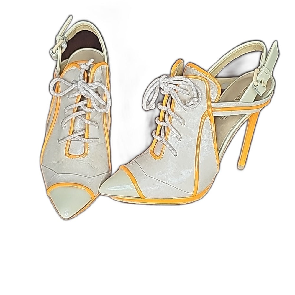 L.A.M.B. by Gwen Stefani Janetta cream leather lace-up pumps with orange trim - view 1