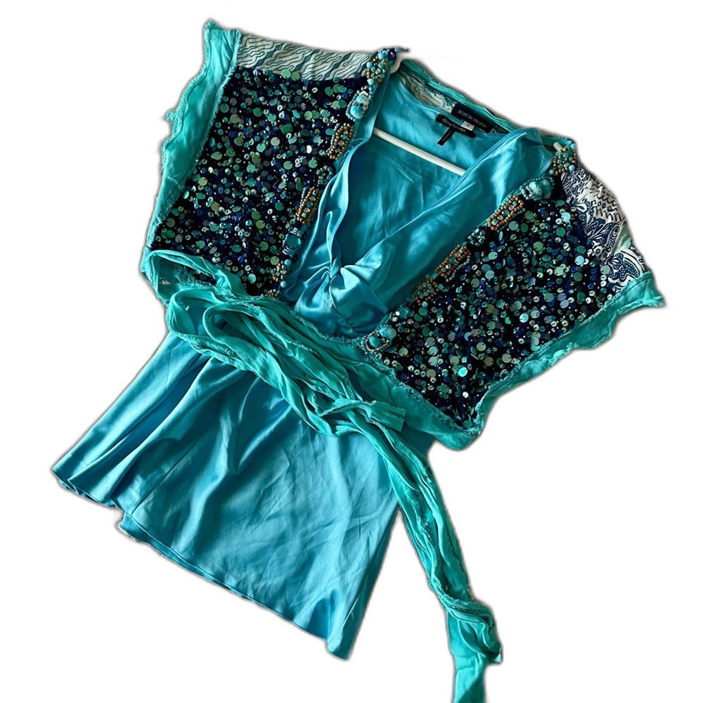 Boston Proper 2-piece embellished aqua tank top set with sequin and bead wrap top - front
